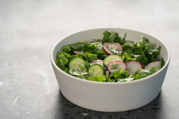 Summer fresh salad with radish, cucumber and herbs in white bowl