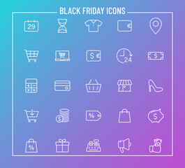black friday outline vector icons on color gradient background. black friday icon set for web design and user interface design, mobile apps and print products