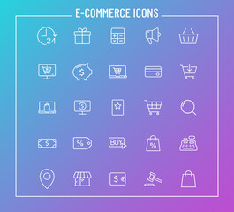 e commerce outline vector icons on color gradient background. e commerce icon set for web design and user interface design, mobile apps and print products