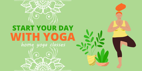 Banner for web page template. Meditation and yoga classes online advertising. Redhead girl is doing tree asana position and mehendi patterns for design. Stock vector flat illustration.