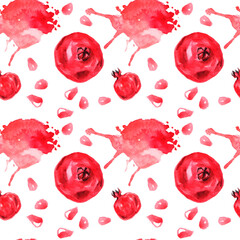 Seamless watercolor pattern with pomegranates and watercolor splashes