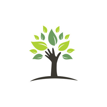 Creative green hand tree logo design. Natural products logo. Cosmetics icon. Spa logo. Beauty salon or yoga logo.	