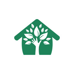 Creative green hand tree and house logo design. Natural home care logo. Spa logo. Beauty salon or yoga logo.	