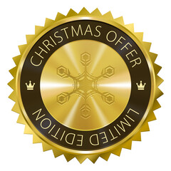 Christmas Offer Limited Edition gold label with snowflake symbol icon isolated on white background. Happy New Year, Merry Xmas.