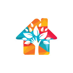 Creative green hand tree and house logo design. Natural home care logo. Spa logo. Beauty salon or yoga logo.	