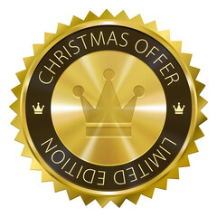 Christmas Offer Limited Edition gold label with crown symbol icon isolated on white background. Happy New Year, Merry Xmas.