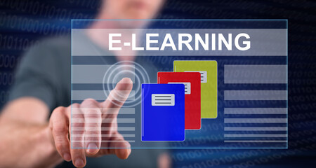 Man touching an e-learning concept