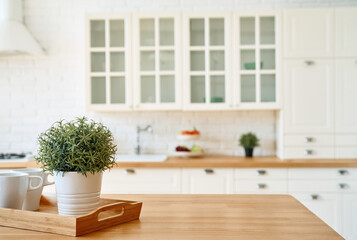 Kitchen wooden table top and kitchen blur background interior style scandinavian - 362300294