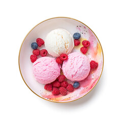 Ice cream scoops with fresh berries. isolated on white background