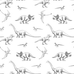 Beautiful seamless pattern with cute dinosaurs. Stock illustration.