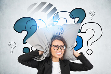 Stressed woman in glasses, question marks