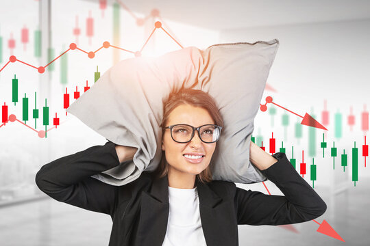 Stressed woman with pillow, financial crisis