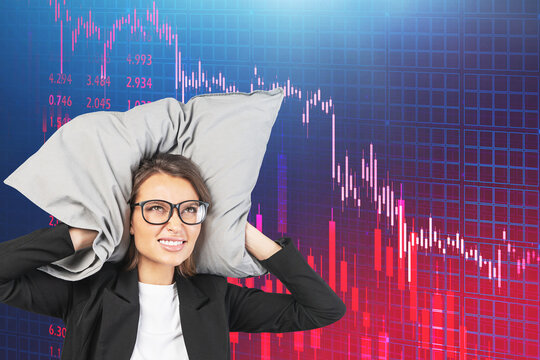 Stressed woman with pillow, falling chart