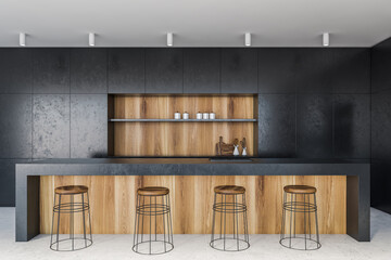 Dark stone and wooden loft pub interior