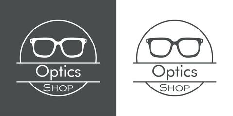 Concepto tienda de lentes. Logotipo lineal con texto Optics Shop en círculo con gafas de sol en fondo gris y fondo blanco © teracreonte