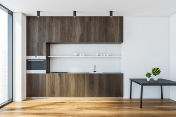 White and wooden kitchen with coffee table