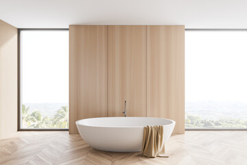 Fototapeta na wymiar Wooden bathroom interior with tub and windows
