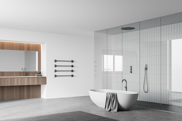 Fototapeta na wymiar White bathroom corner with tub, sink and shower
