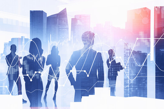 Traders team in city, financial graph