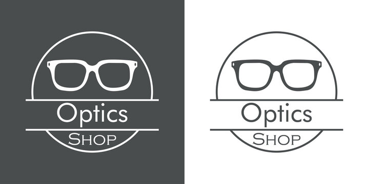 Concepto tienda de lentes. Logotipo lineal con texto Optics Shop en c&iacute;rculo con gafas de sol en fondo gris y fondo blanco