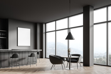 Panoramic dark grey restaurant corner with poster