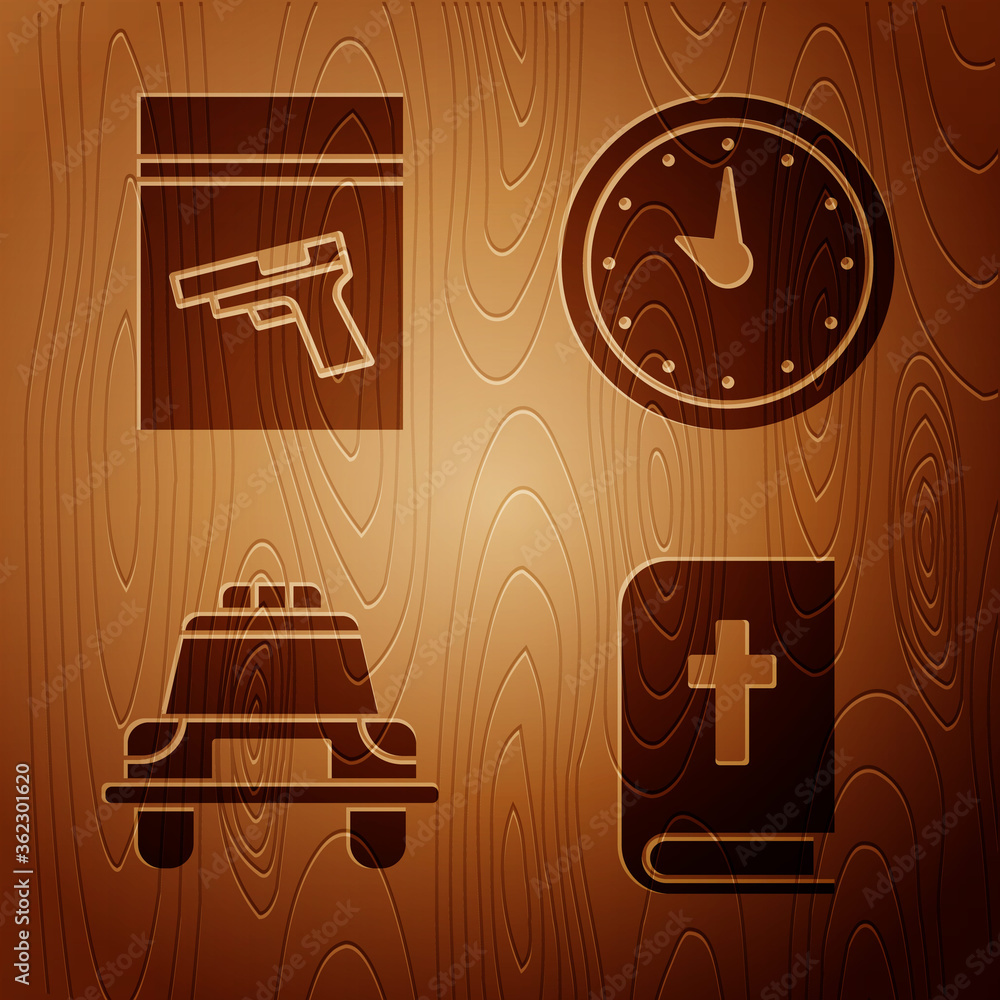 Poster set holy bible book, evidence bag and pistol or gun, police car and flasher and clock on wooden back