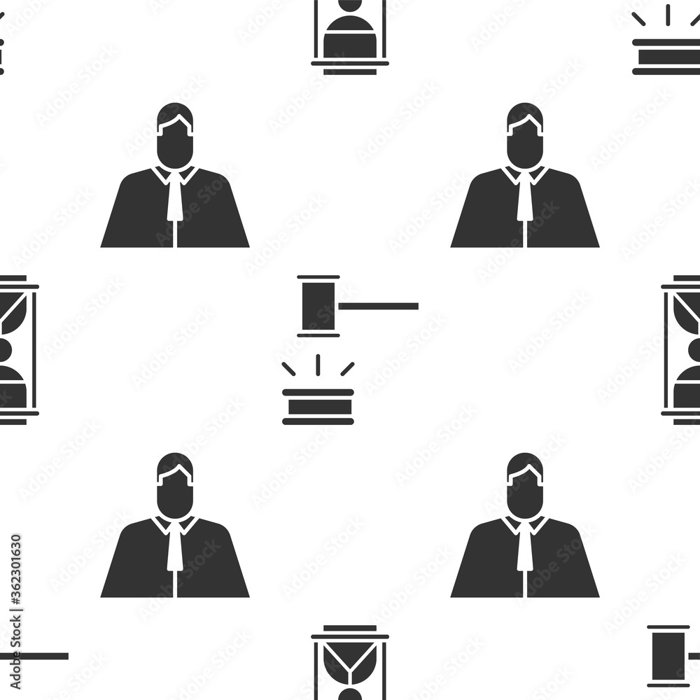 Sticker Set Old hourglass with sand, Judge gavel and Lawyer, attorney, jurist on seamless pattern. Vector