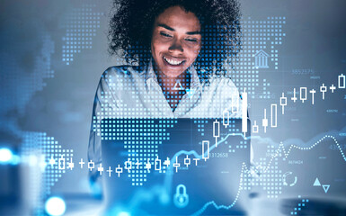 Smiling African woman in office, financial chart