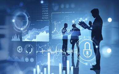 Businessmen in office, infographics interface