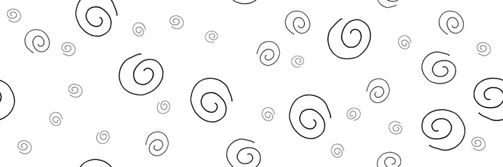 vector illustration, black and white seamless pattern of spirals, shells of different sizes