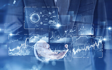 Man using smartphone with HUD infographics