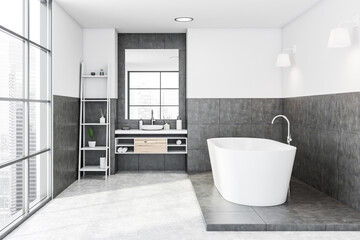 Fototapeta na wymiar White and grey bathroom interior with shelves