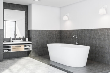 White and grey bathroom corner, tub and sink