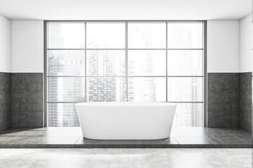 Obraz na płótnie Canvas Panoramic white and grey bathroom with tub