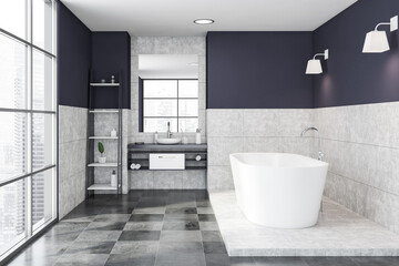 White and blue bathroom interior with shelves