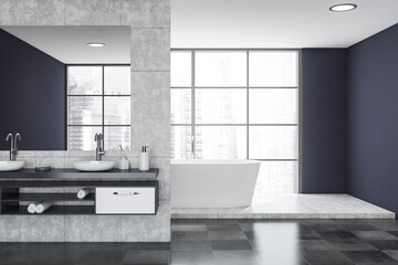 Naklejka na ściany i meble Panoramic white and blue bathroom interior