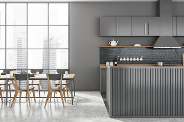 Panoramic grey kitchen with bar and table