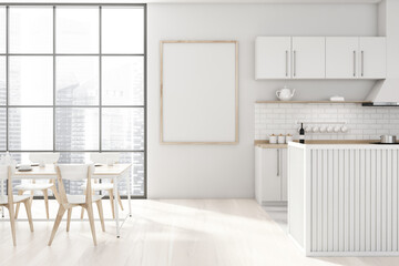Fototapeta na wymiar Panoramic white kitchen with poster and table
