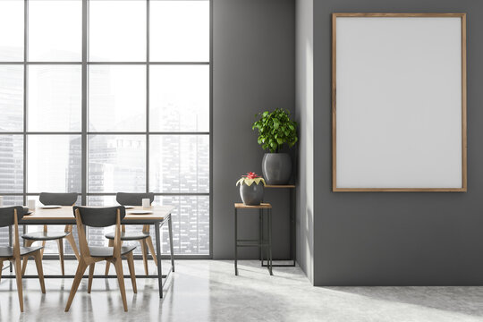 Grey panoramic dining room with poster