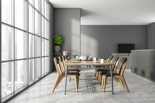 Dining table in grey kitchen and living room