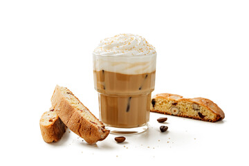 Iced coffee latte with whipped cream and biscotti cookies in glass. isolated on white background