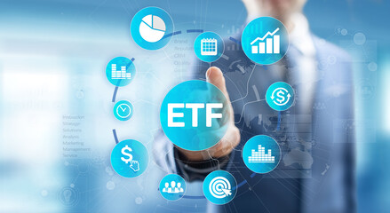 ETF Exchange traded fund Trading Investment Business finance concept on virtual screen.