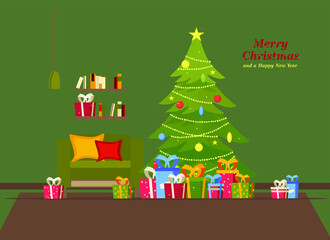Christmas room interior. Christmas tree, sofa, gifts and decorations. A cozy home holiday. Vector illustration in a flat style.