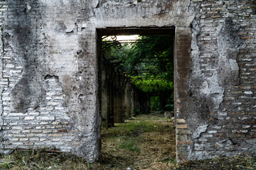 Fototapeta na wymiar old ruins of a stone wall with door, Rome, Italy