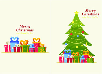 set of two Christmas cards, decorated Christmas tree with garlands, toys and balls, Christmas gifts and boxes