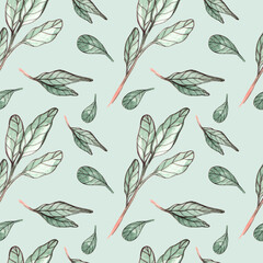 Seamless watercolor pattern with leaves on a green background