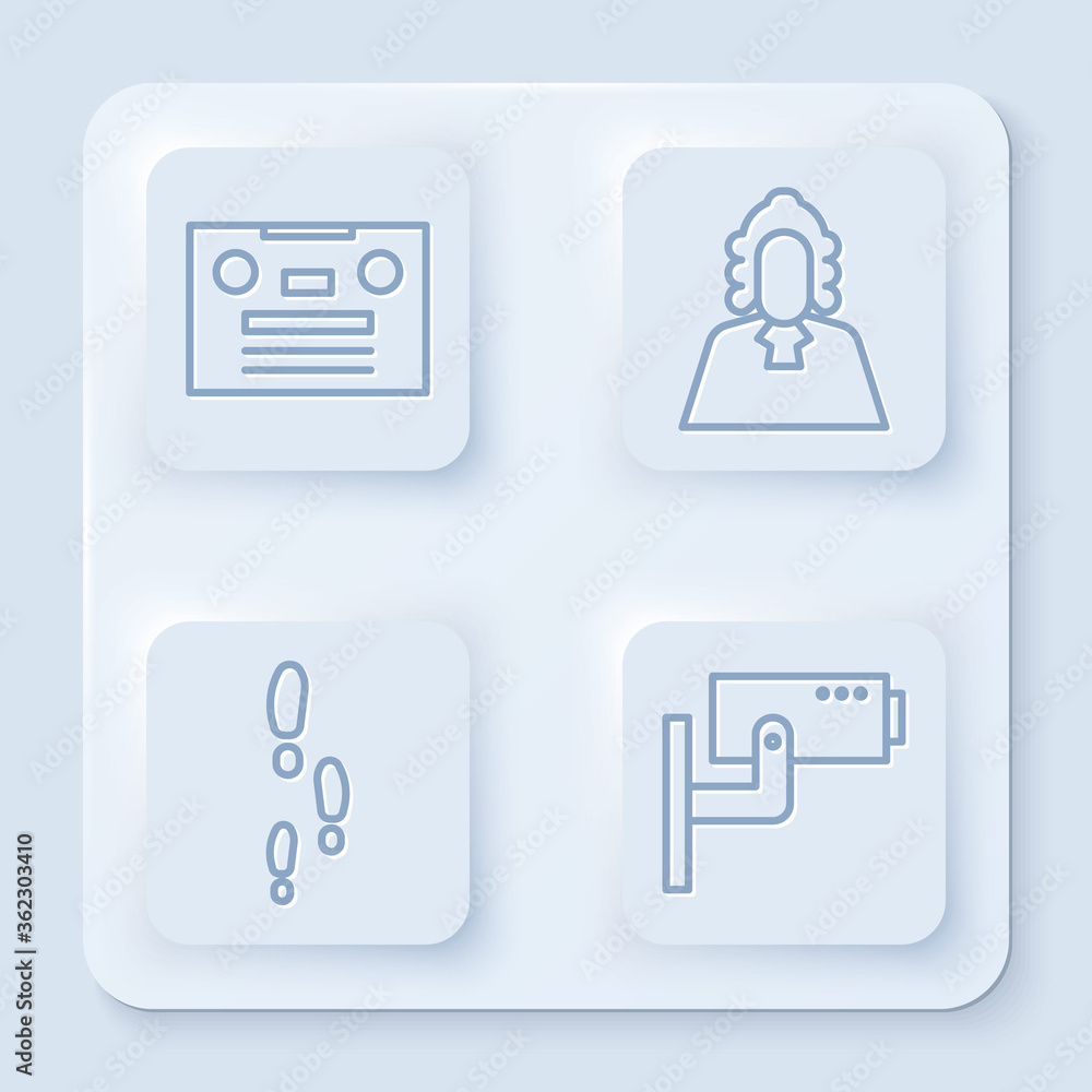 Poster set line retro audio cassette tape, judge, footsteps and security camera. white square button. vecto