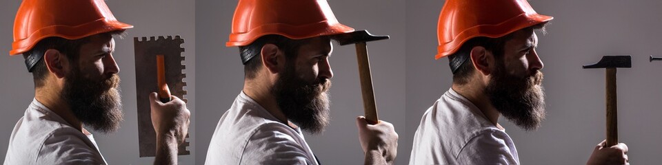 Bearded man worker with beard, building helmet, hard hat. Builder in helmet, hammer, handyman,...