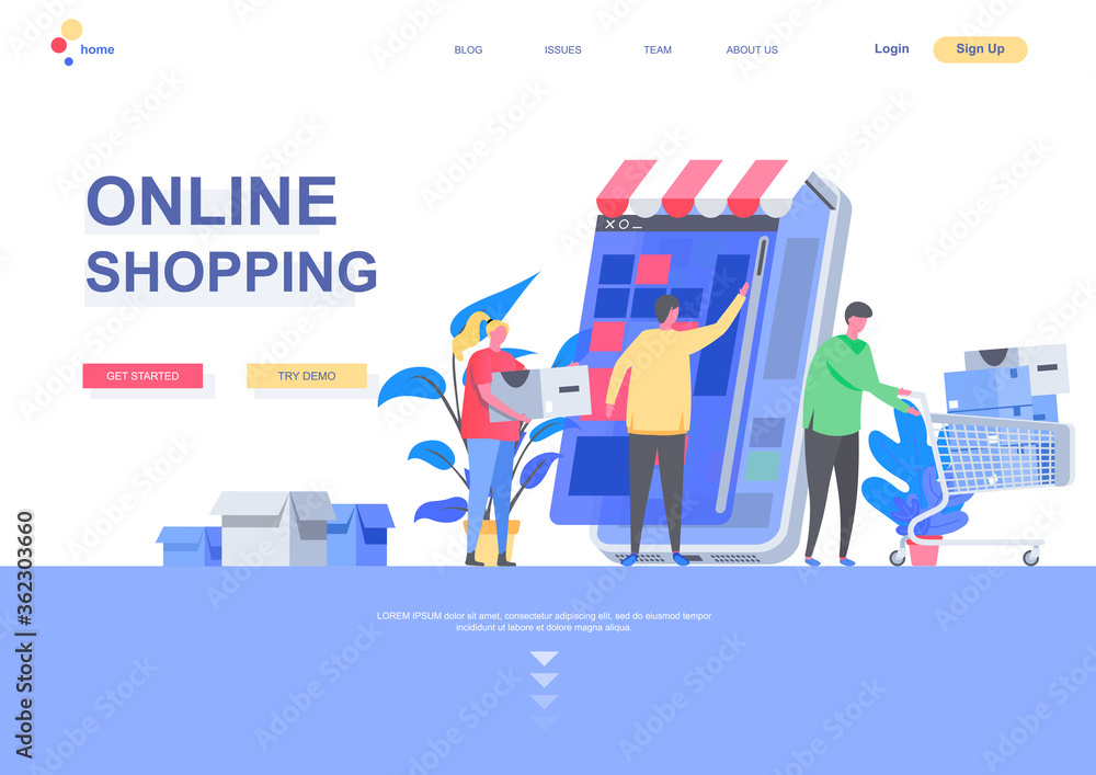 Aufkleber online shopping flat landing page template. shopping mobile application, people with purchases situa