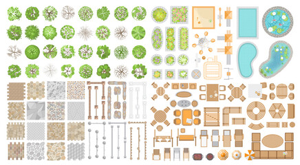 Vector set. Collection for landscape design, plan, maps. (Top view) Trees, flower beds, playground, ponds, swimming pools, pavement, fences, furniture. (View from above)  - 362303618